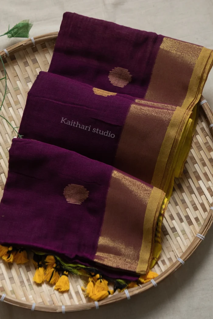 Ball Butta Khadi cotton - Wine with Lemon yellow - KS013
