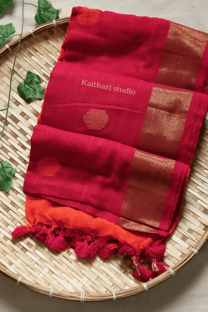 Ball Butta Khadi cotton - Pink with Orange - KS012