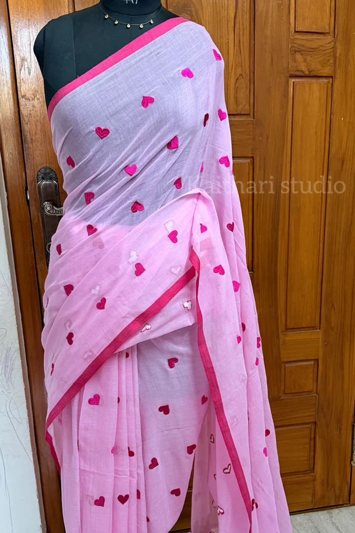 Heart Embroidery Mul Cotton Sarees - Light Pink- <span>KS046</span>