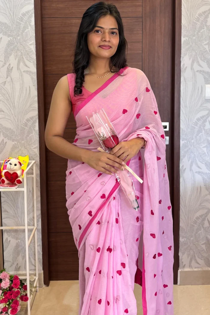 Heart Embroidery Mul Cotton Sarees - Light Pink- <span>KS046</span>