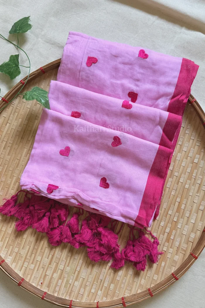 Heart Embroidery Mul Cotton Sarees - Light Pink- <span>KS046</span>