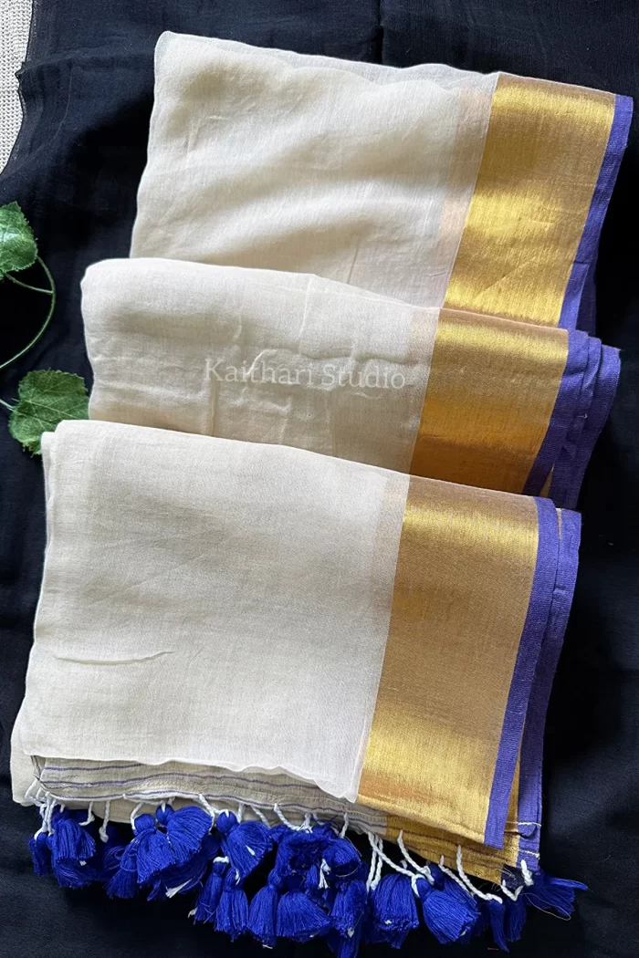 Onam Special Mul Cotton - Blue Border- KS047