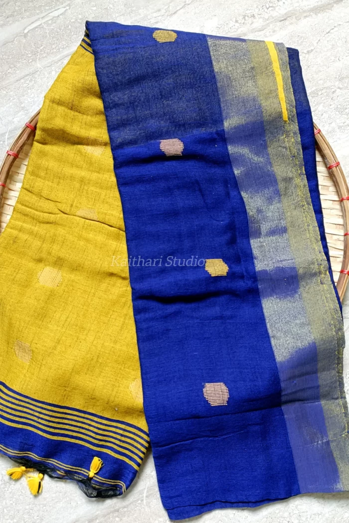 Ball Butta Khadi cotton - Blue with Yellow - KS011