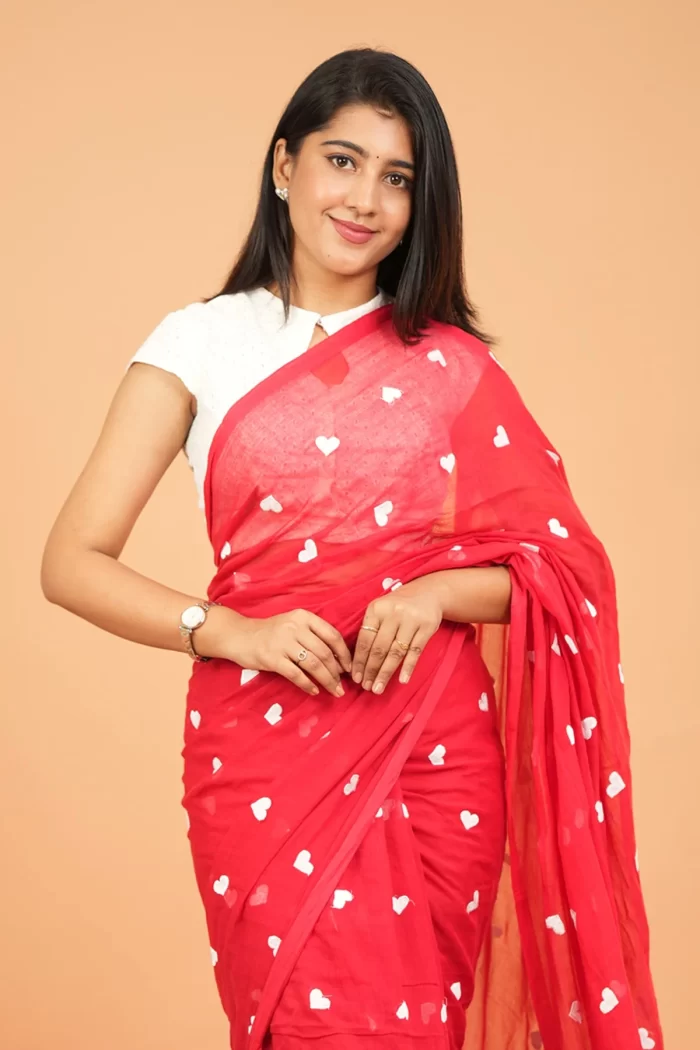 Heart Embroidery Mul Cotton Sarees - Red- <span>KS044</span>