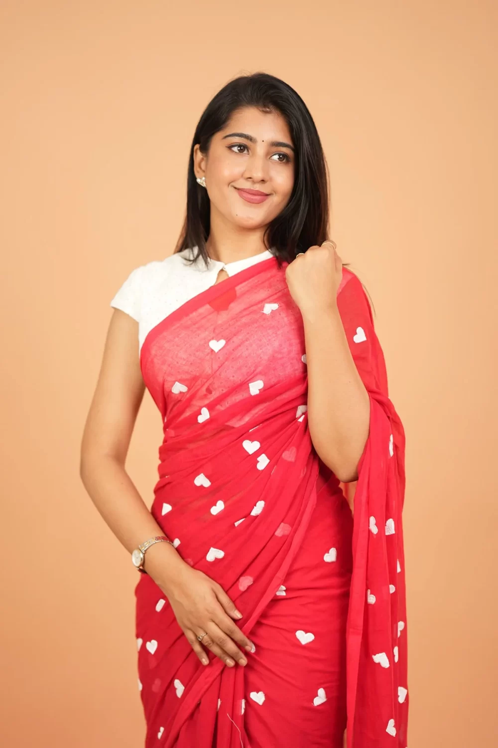 Heart Embroidery Mul Cotton Sarees - Red- <span>KS044</span> - Image 2