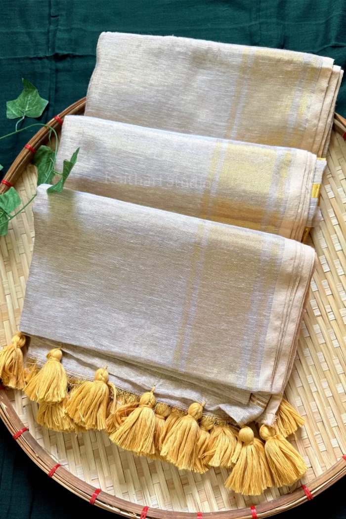Linen Zari Tissue Saree - Cream/Off white - KS001