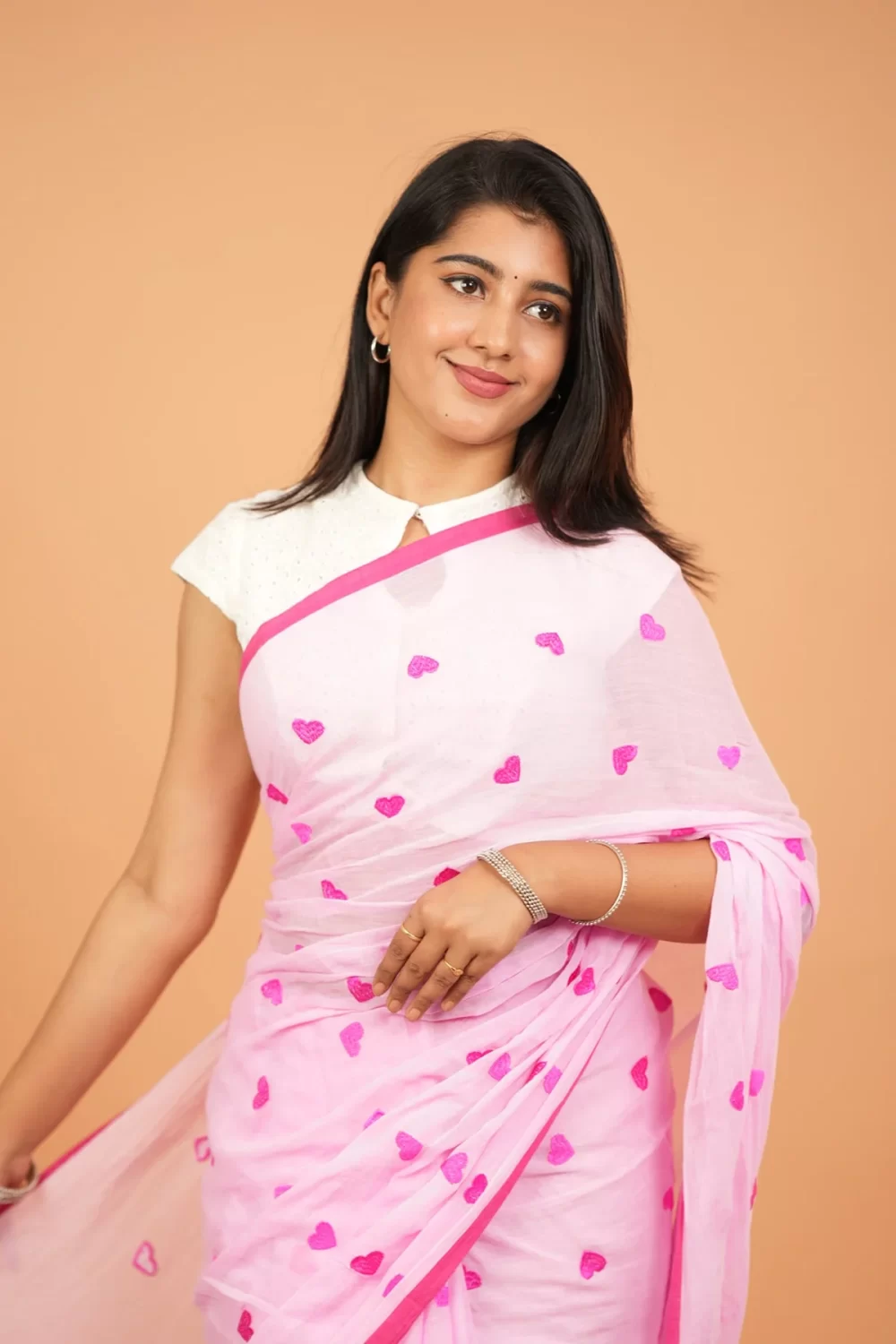 Heart Embroidery Mul Cotton Sarees - Light Pink- <span>KS046</span> - Image 4