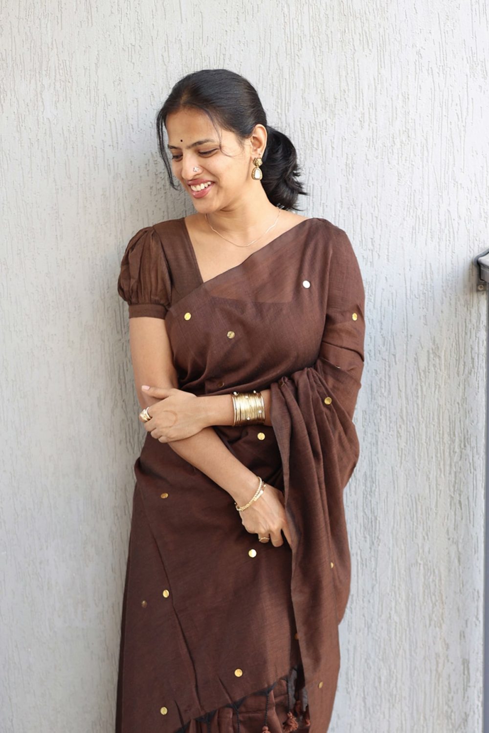 Soft Cotton Sarees with Sequins - Brown - <span>KS035</span> - Image 3