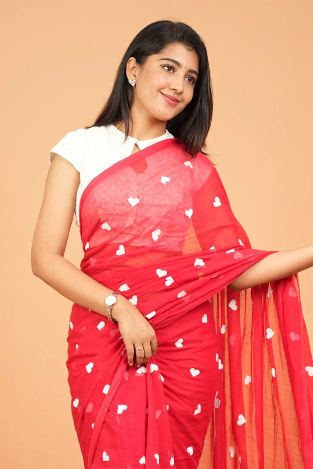 Heart Embroidery Mul Cotton Sarees - Red- <span>KS044</span> - Image 3