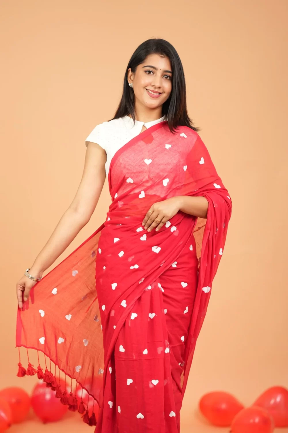 Heart Embroidery Mul Cotton Sarees - Red- <span>KS044</span> - Image 4