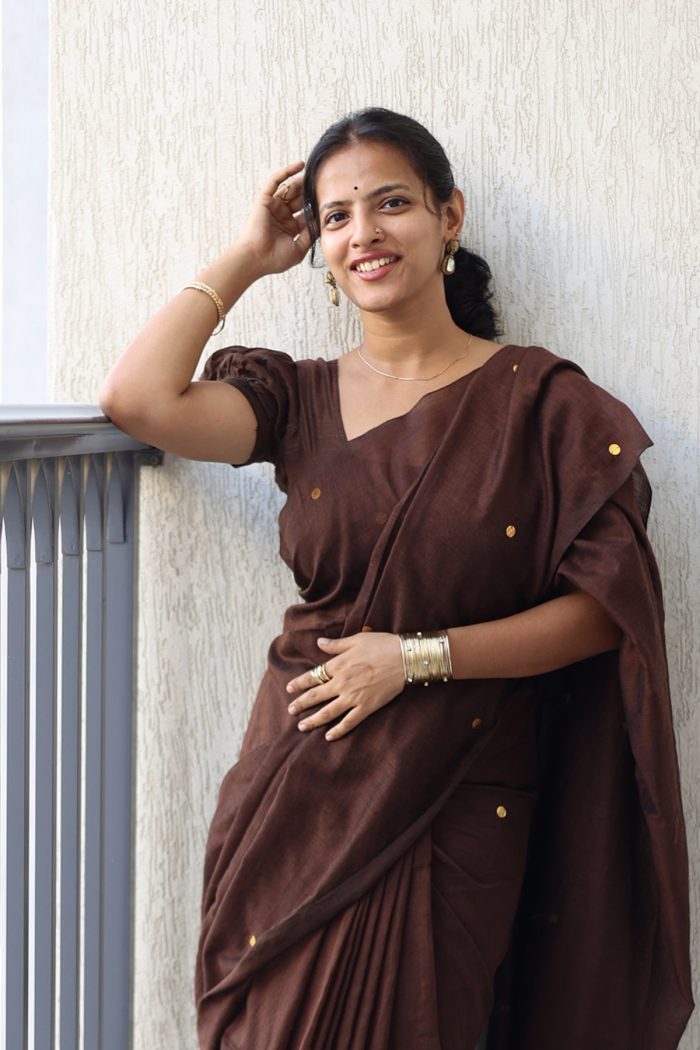 Soft Cotton Sarees with Sequins - Brown - <span>KS035</span>