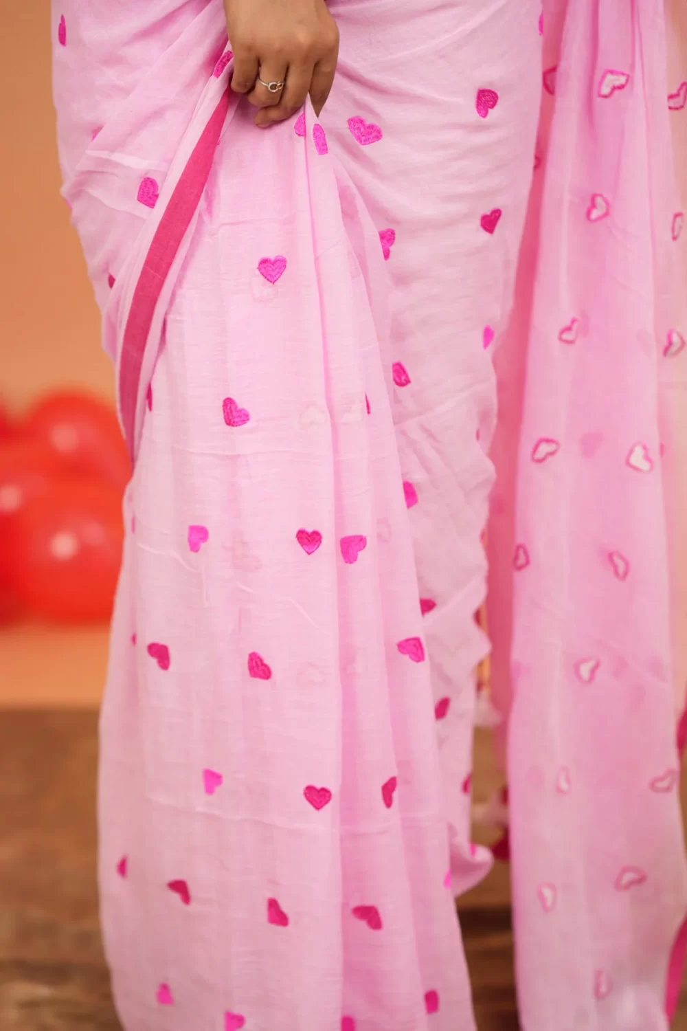 Heart Embroidery Mul Cotton Sarees - Light Pink- <span>KS046</span> - Image 3