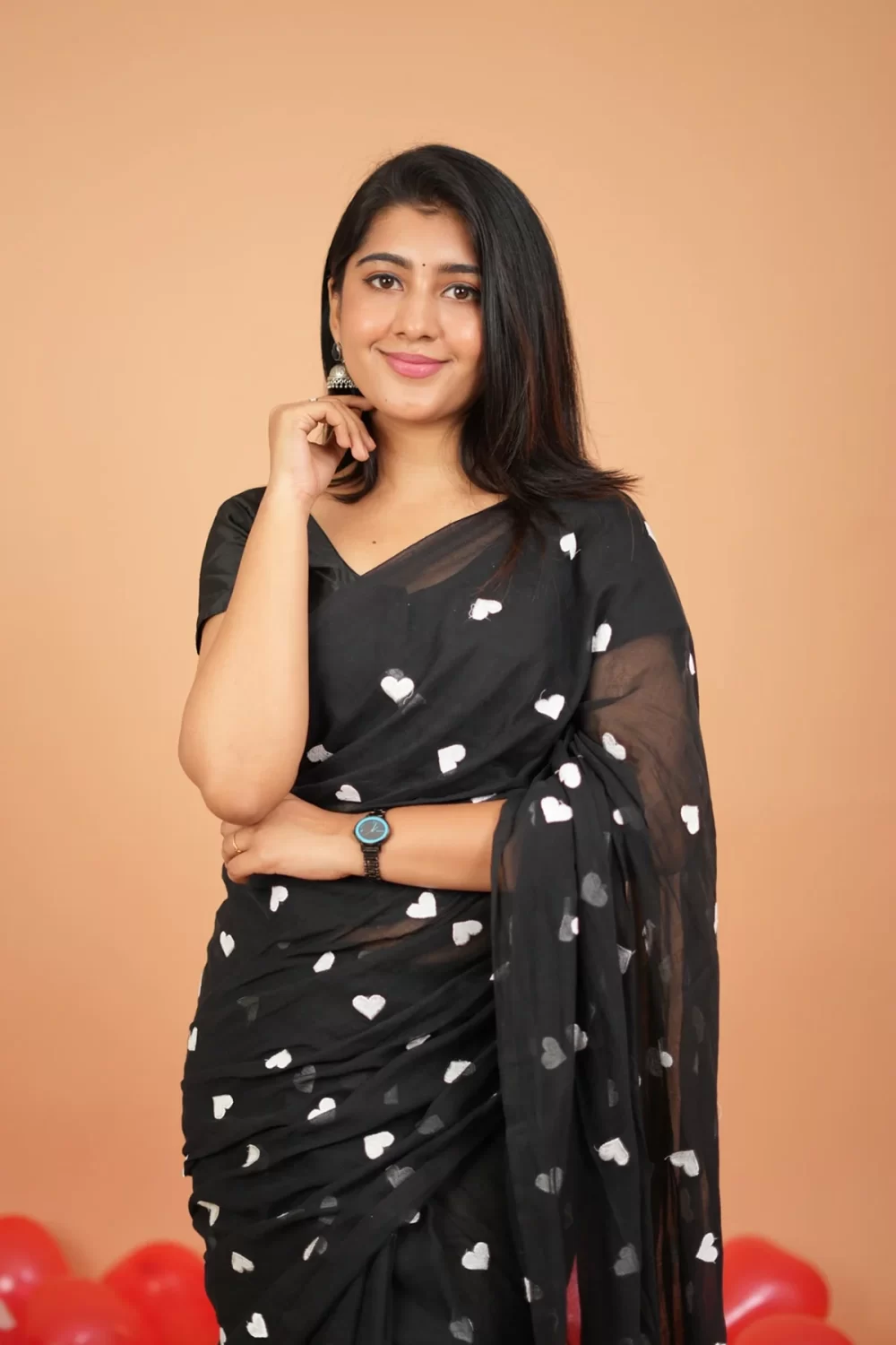 Heart Embroidery Mul Cotton Sarees - Black- KS045 - Image 2