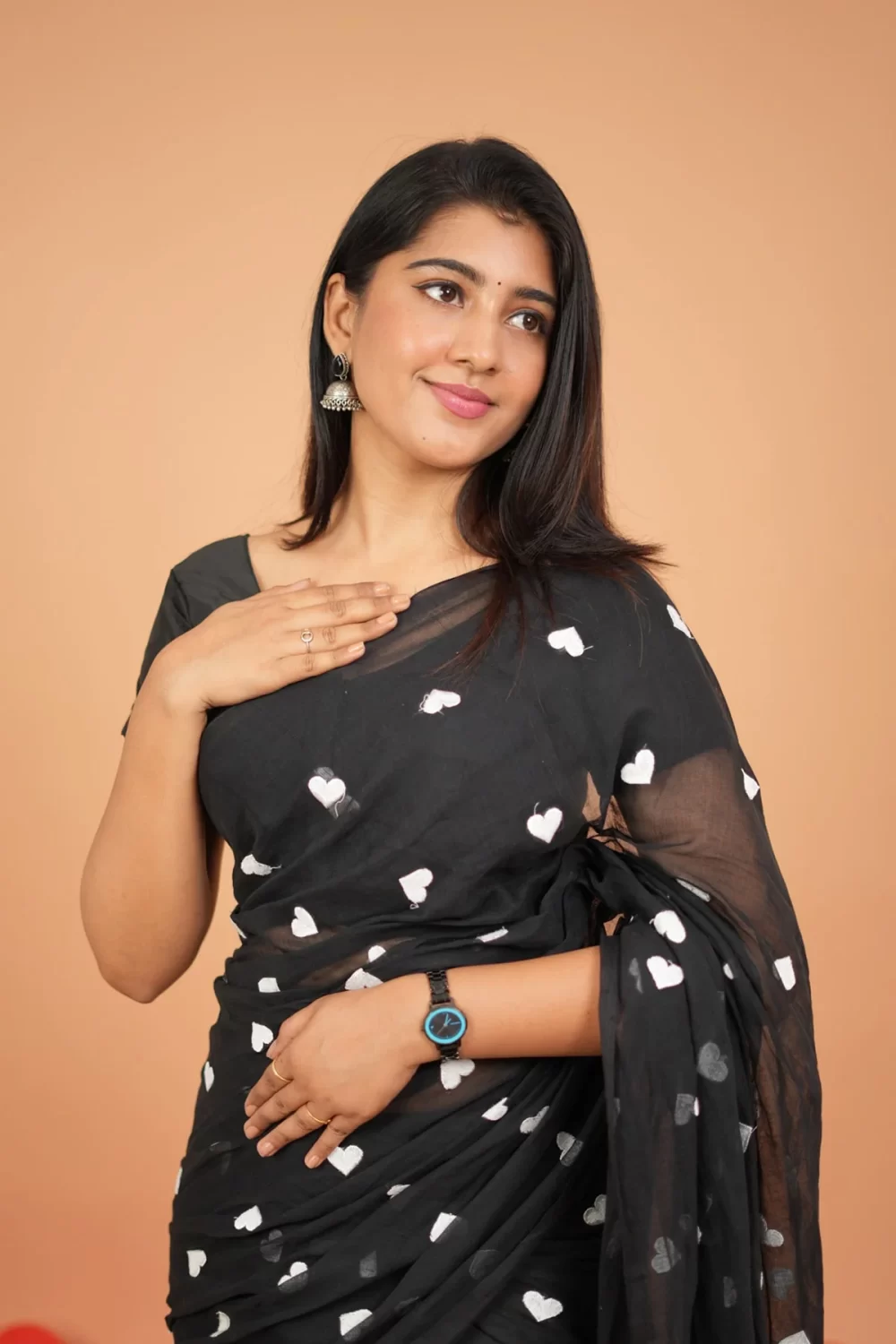 Heart Embroidery Mul Cotton Sarees - Black- KS045 - Image 3