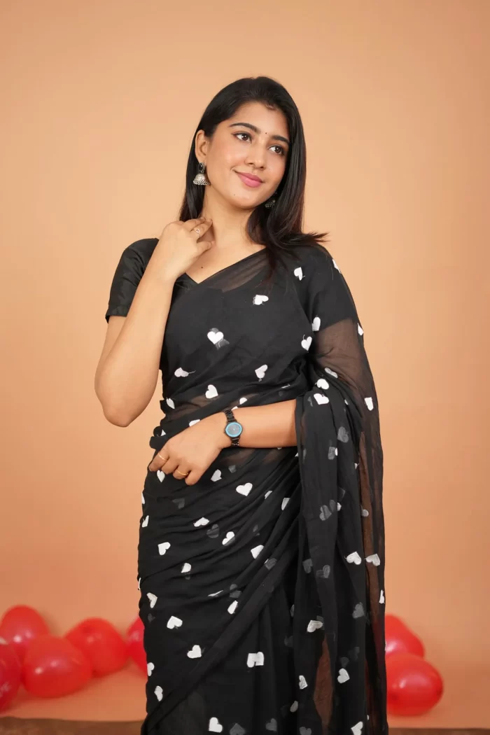Heart Embroidery Mul Cotton Sarees - Black- KS045