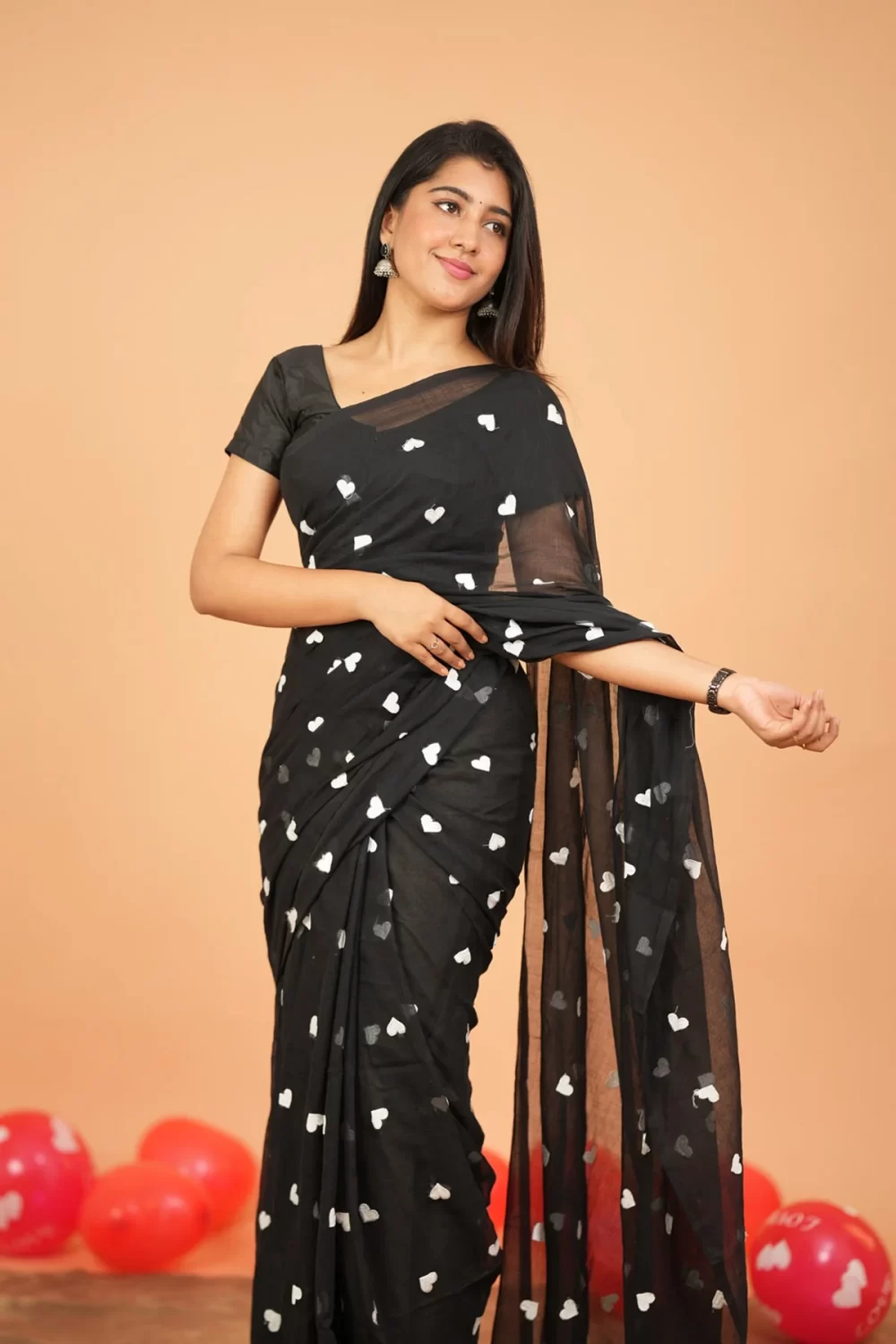 Heart Embroidery Mul Cotton Sarees - Black- KS045 - Image 4