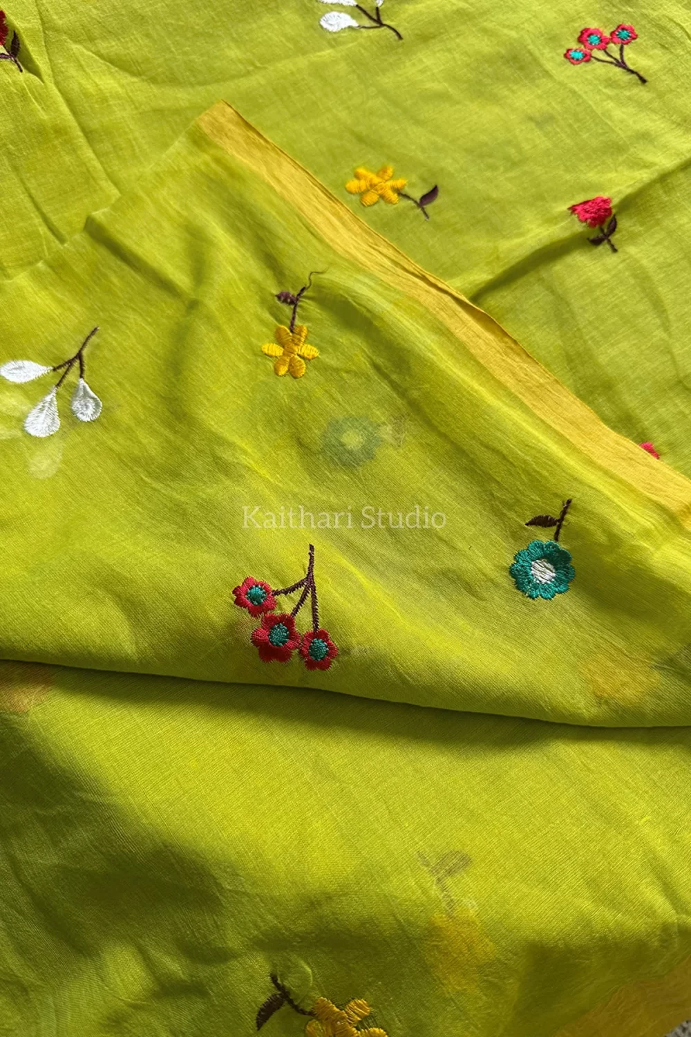 Multicolor Embroidery Mul Cotton Saree - Mint Green - <span>KS041</span> - Image 2
