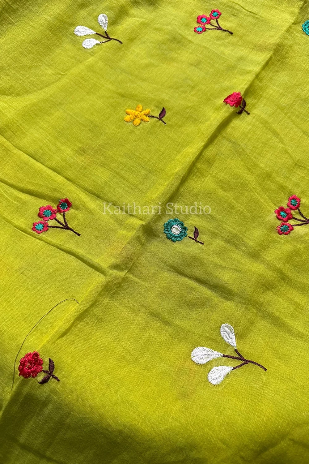 Multicolor Embroidery Mul Cotton Saree - Mint Green - <span>KS041</span> - Image 3