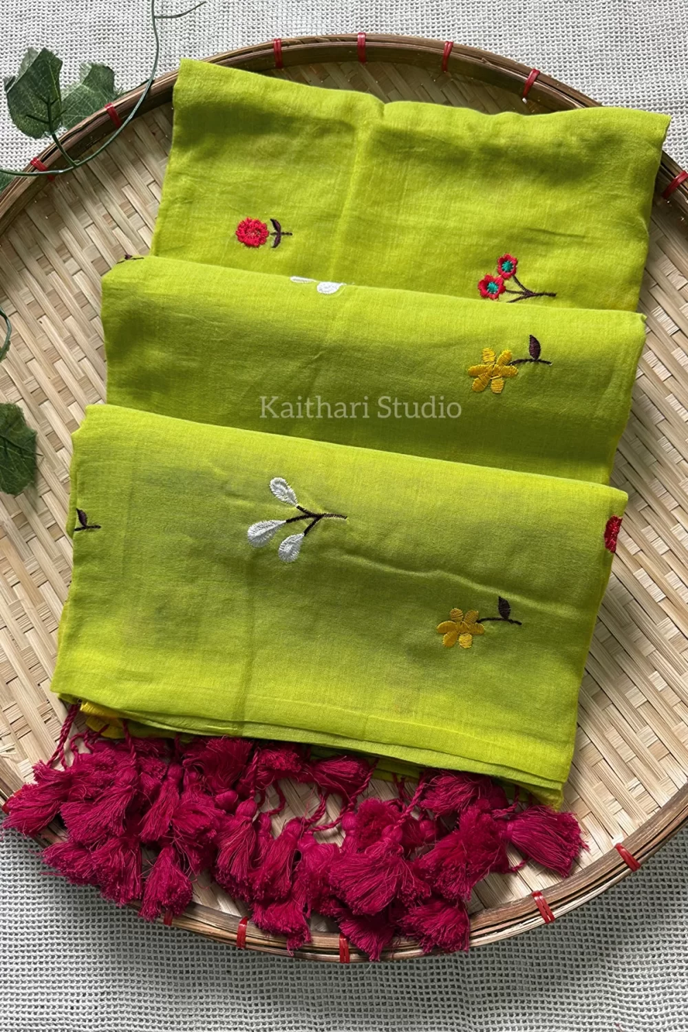 Multicolor Embroidery Mul Cotton Saree - Mint Green - <span>KS041</span>