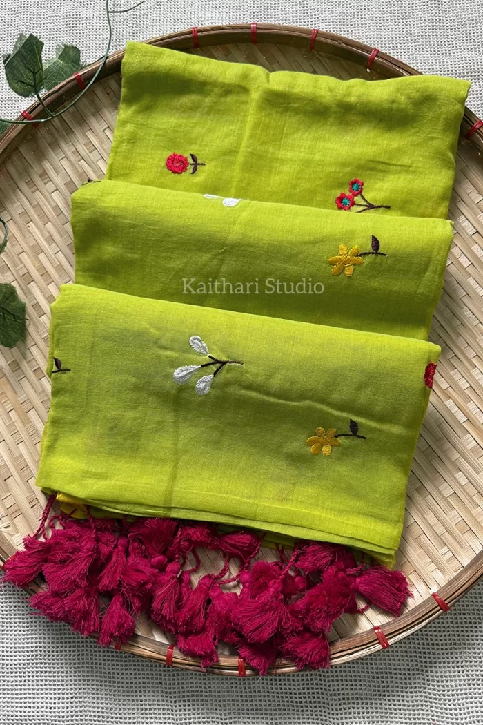Multicolor Embroidery Mul Cotton Saree - Mint Green - <span>KS041</span>