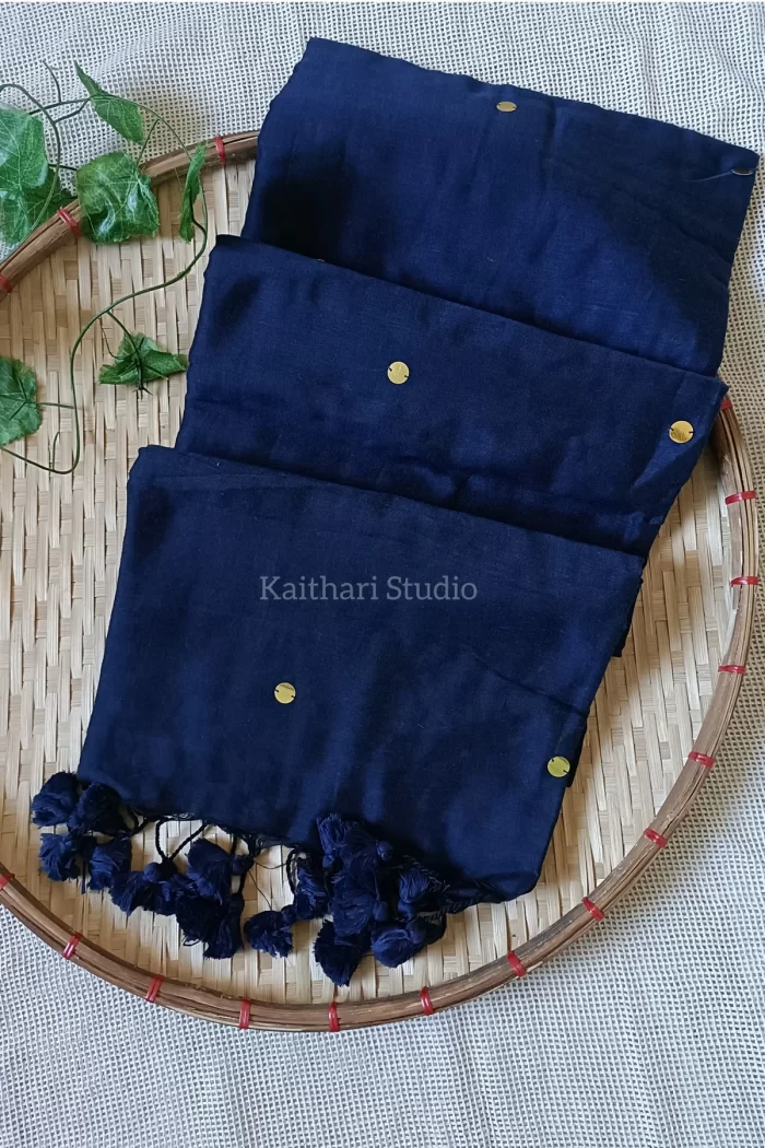 Soft Cotton Saree with Sequins - Navy Blue - <span>KS033</span>