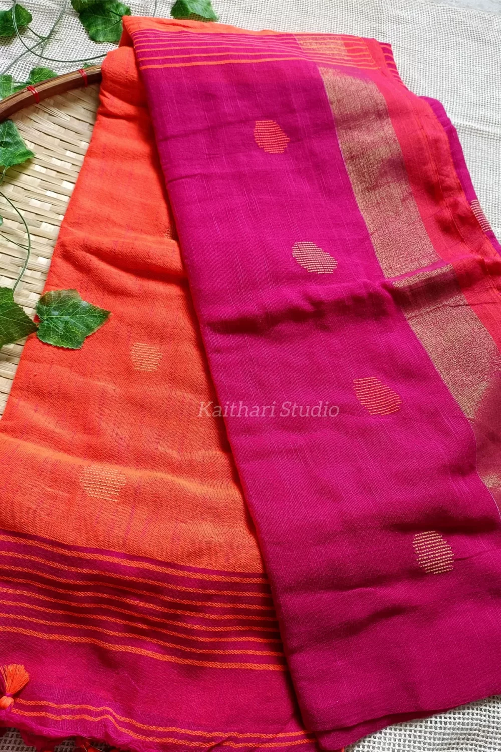 Ball Butta Khadi cotton - Pink with Orange - <span>KS012</span>