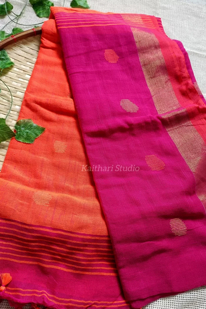Ball Butta Khadi cotton - Pink with Orange - <span>KS012</span>