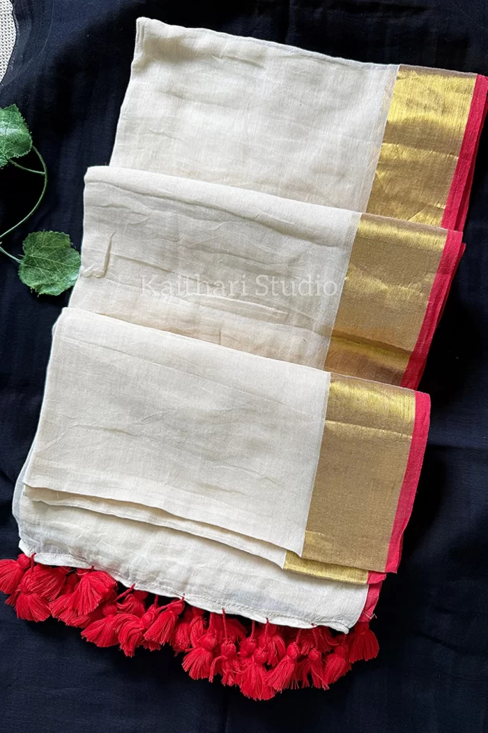 Onam Special Mul Cotton - Red border- KS049