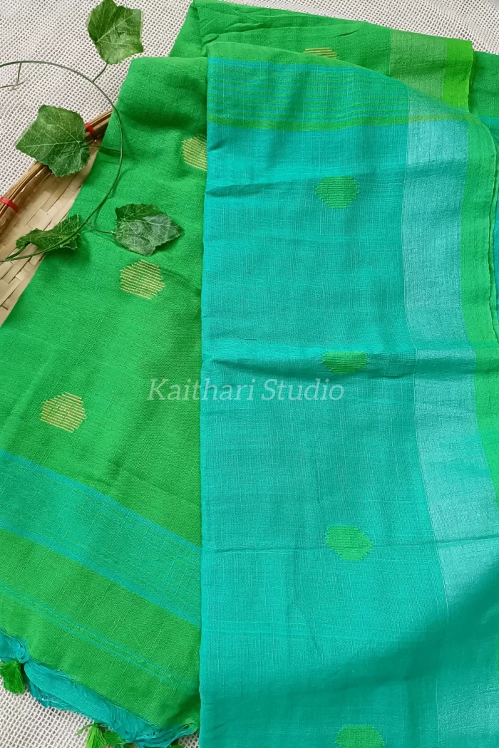 Ball Butta Khadi cotton - Sea blue with Green - <span>KS015</span>