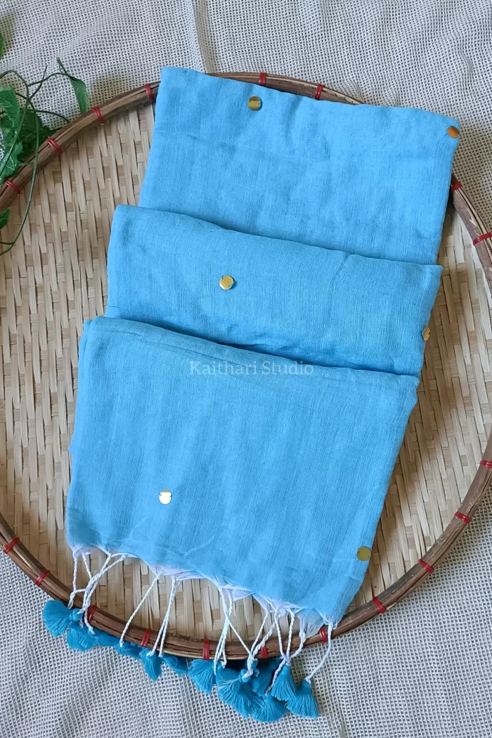 Soft Cotton Sarees with Sequins - Sky Blue - <span>KS040</span>