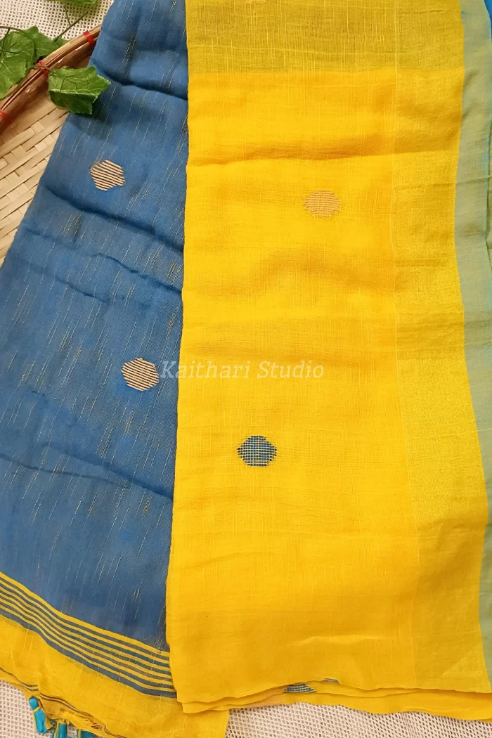 Ball Butta Khadi cotton - Yellow with Blue - KS017