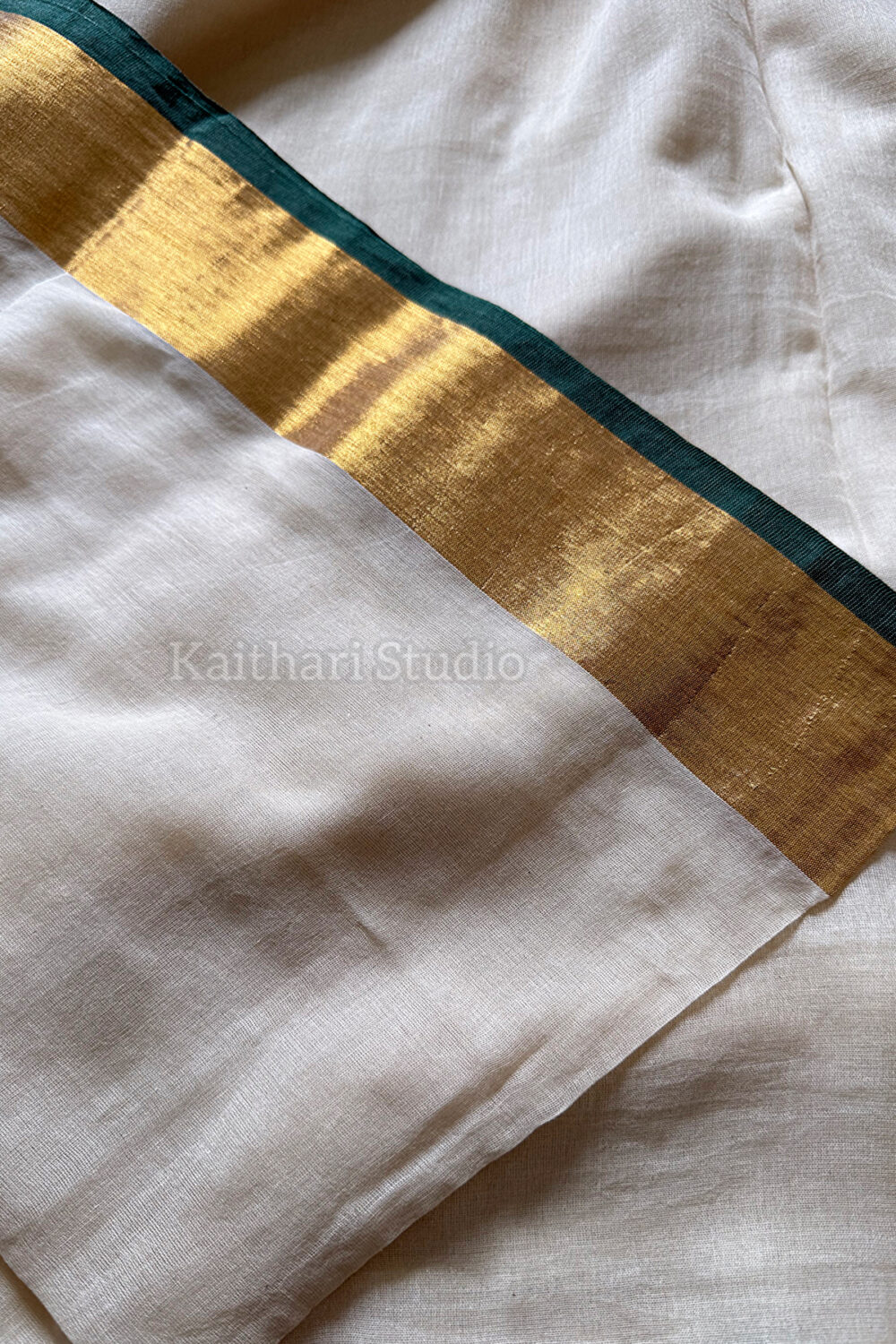 Onam Special Mul Cotton - Green Border- KS063 - Image 2