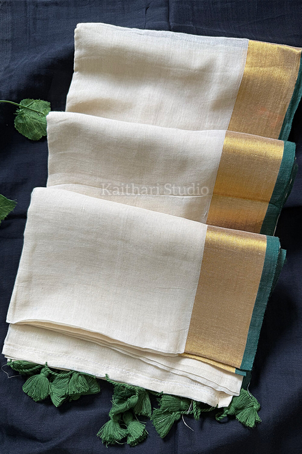 Onam Special Mul Cotton - Green Border- KS063