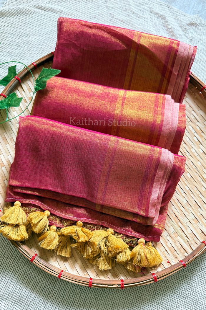 Linen Zari Tissue Saree - Rani Pink - KS055
