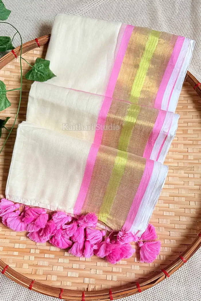 Onam Special Mul Cotton - Baby Pink Border -  KS065