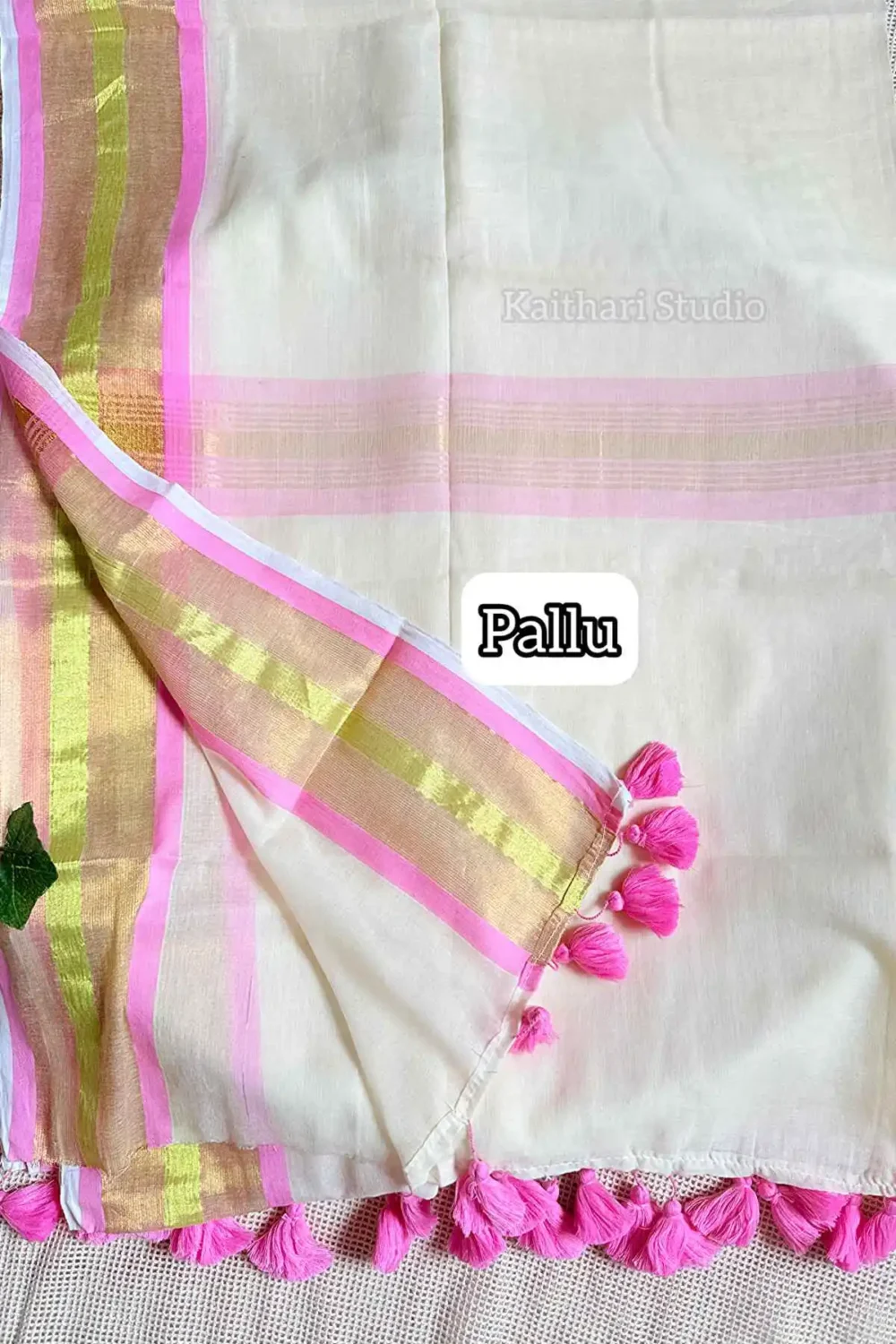 Onam Special Mul Cotton - Baby Pink Border -  KS065 - Image 2