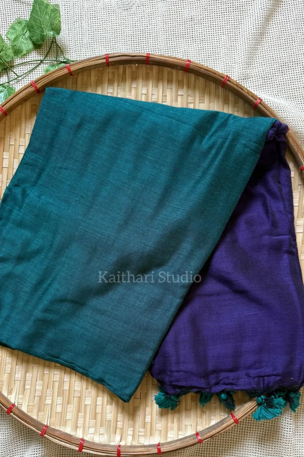 Soft Cotton Plain Saree - Teal blue with Purple - <span>KS059</span> - Image 2