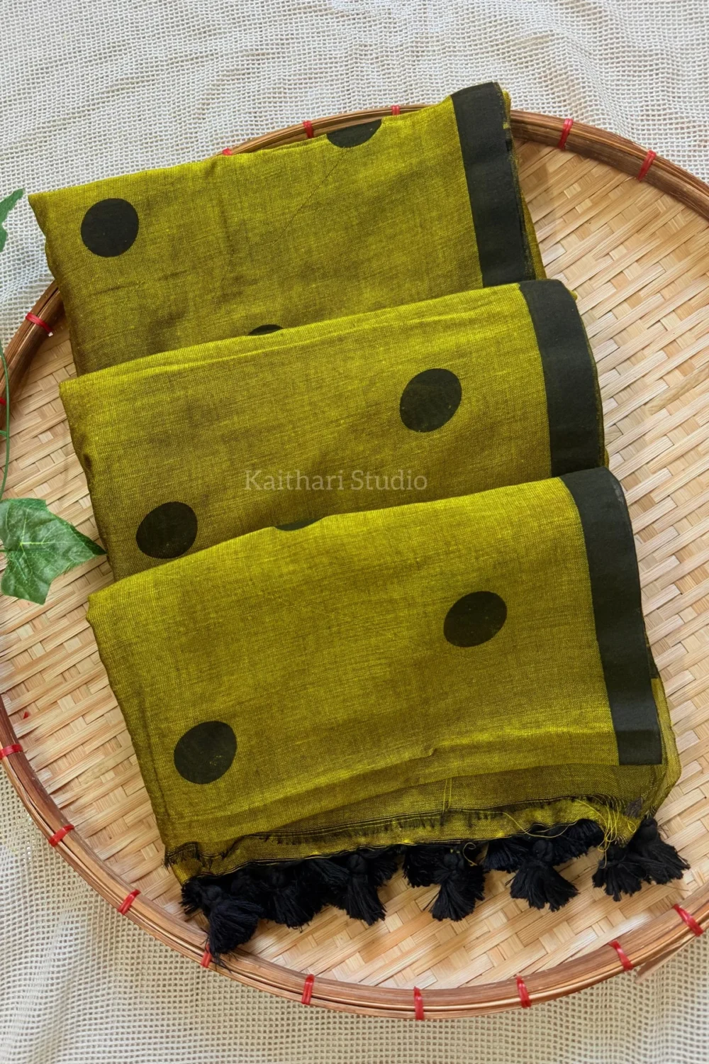 Polka dots saree - Mehendi green - KS071