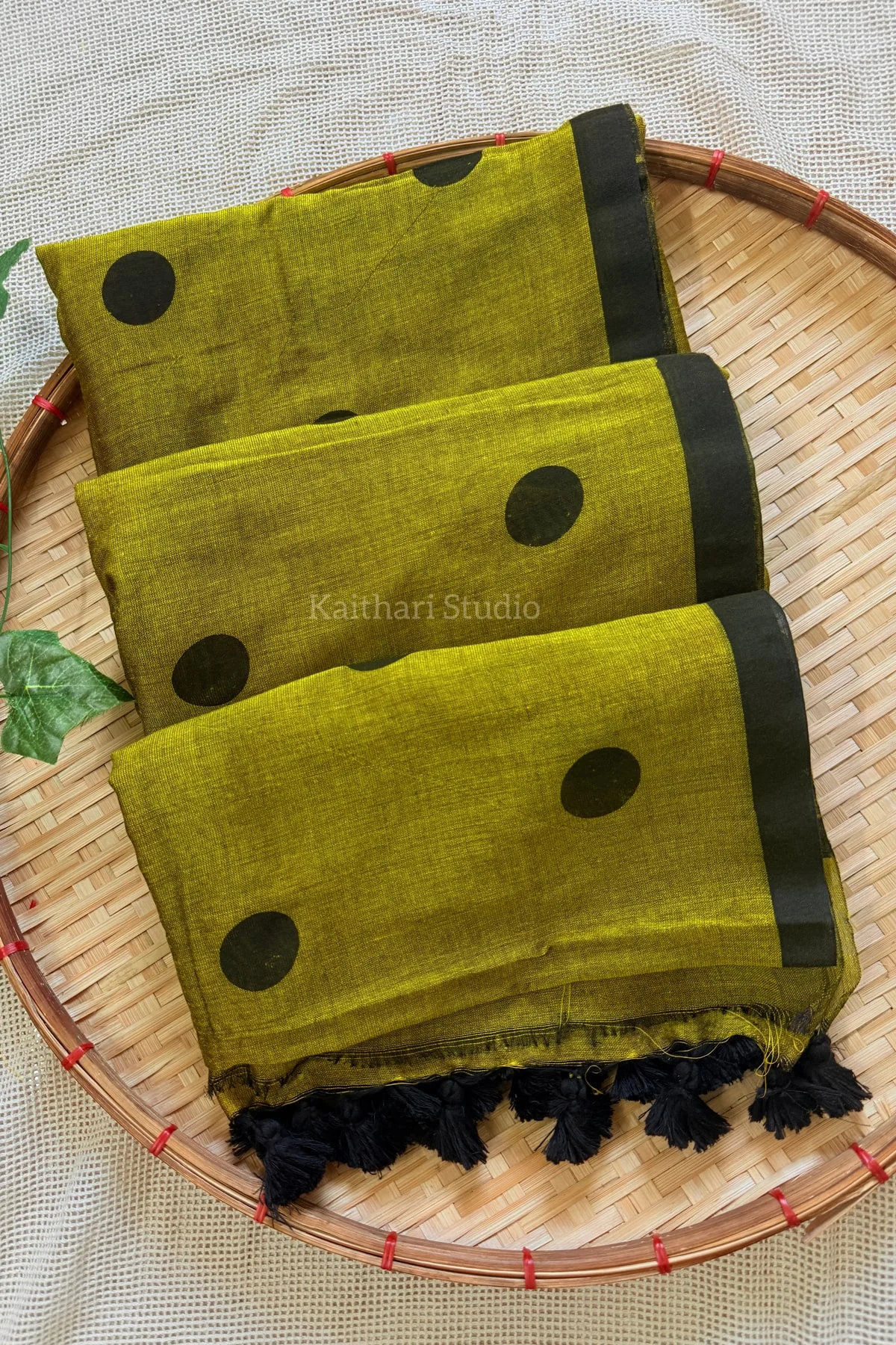 Polka dots saree - Mehendi green - KS071