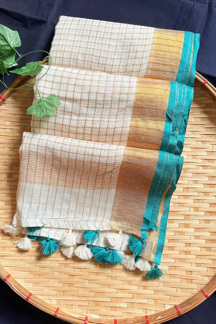 Onam Special Linen Checked - Teal Green- KS067