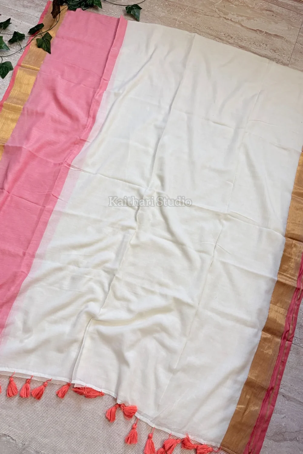 Onam Special Mul Cotton - Peach Border- KS062 - Image 2