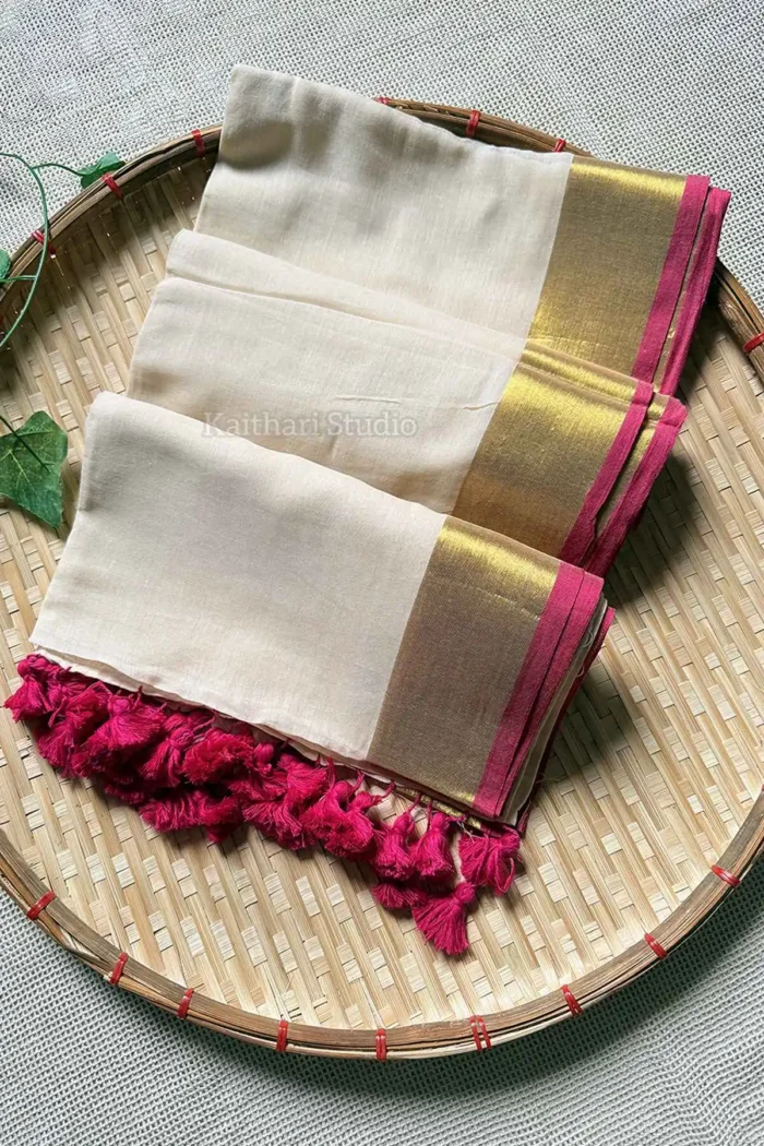Onam Special Mul Cotton - Pink Border- KS064