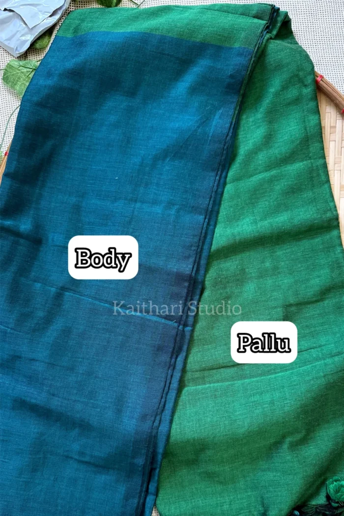 Soft Cotton Plain Saree - Peacock blue with Green - <span>KS058</span>