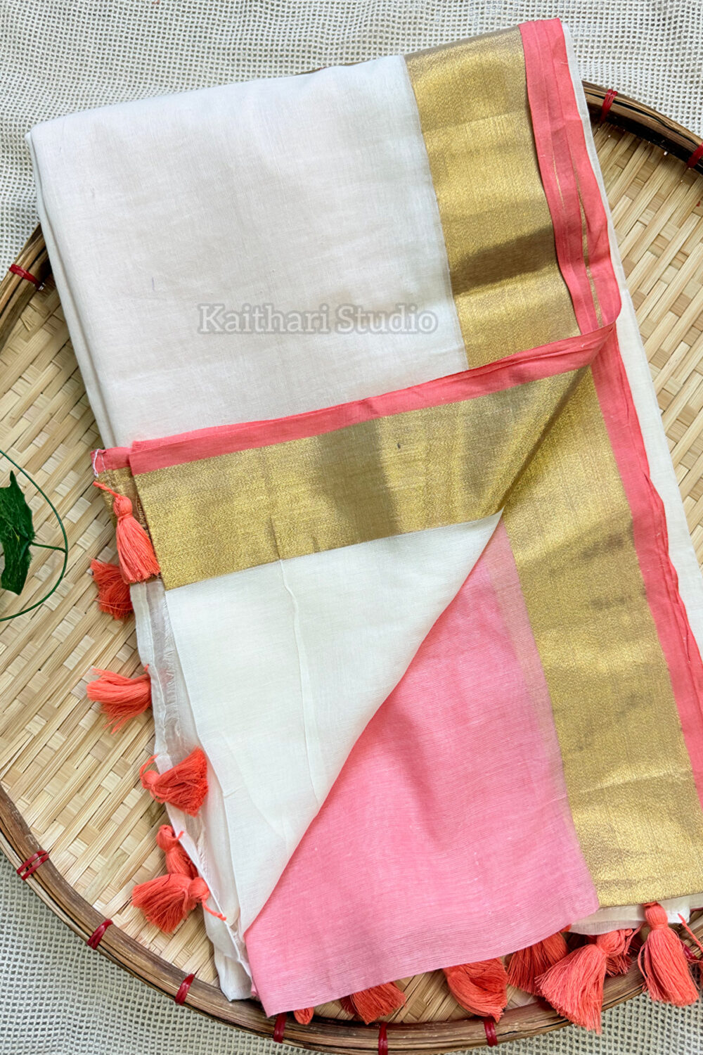 Onam Special Mul Cotton - Peach Border- KS062