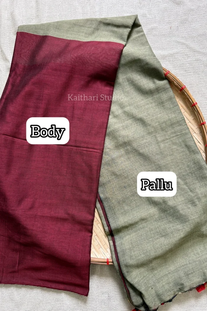 Soft Cotton Plain Saree - Maroon with Grey - <span>KS057</span>
