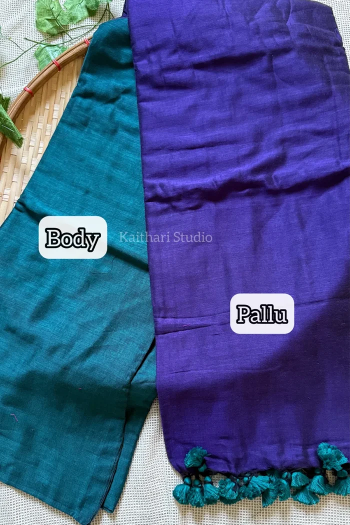 Soft Cotton Plain Saree - Teal blue with Purple - <span>KS059</span>