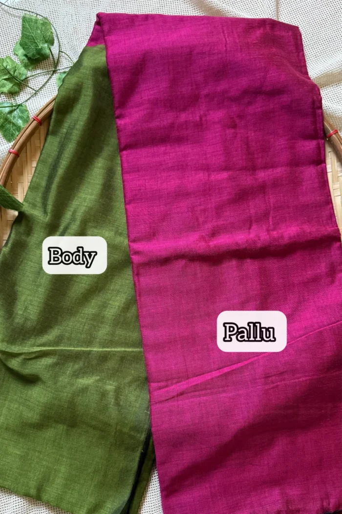 Soft Cotton Plain Saree - Green with Pink - <span>KS056</span>