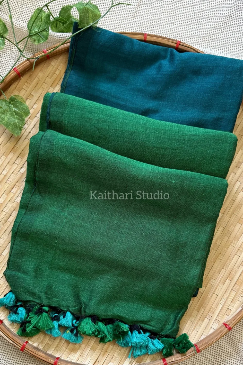 Soft Cotton Plain Saree - Peacock blue with Green - <span>KS058</span> - Image 4
