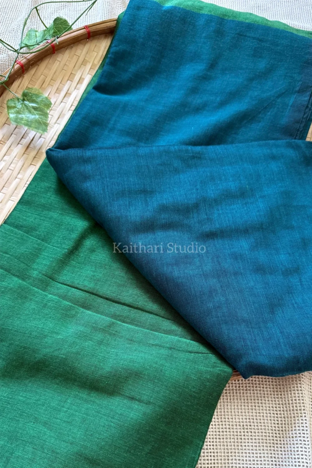 Soft Cotton Plain Saree - Peacock blue with Green - <span>KS058</span> - Image 3