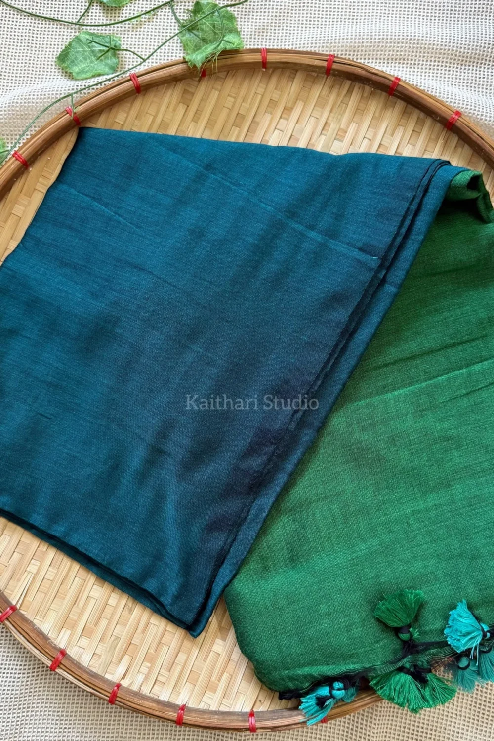 Soft Cotton Plain Saree - Peacock blue with Green - <span>KS058</span> - Image 2